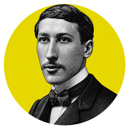Engraved portrait of René Guénon on a Specus yellow circle