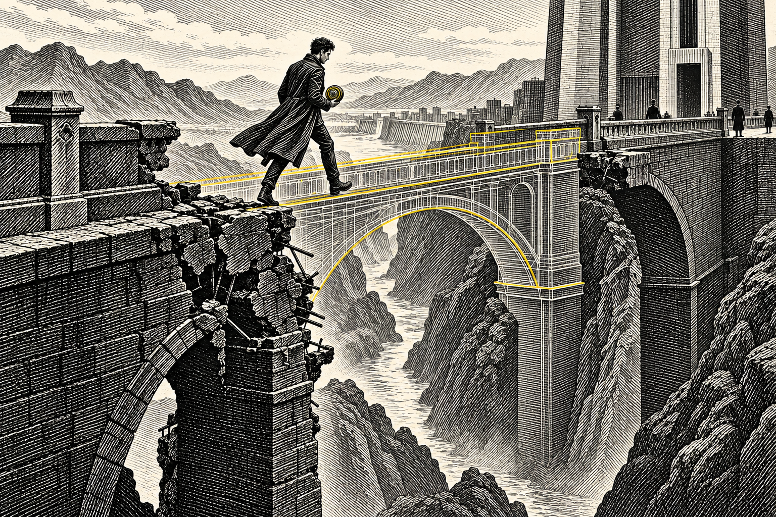 A person steps onto a preserved version of a broken bridge span.