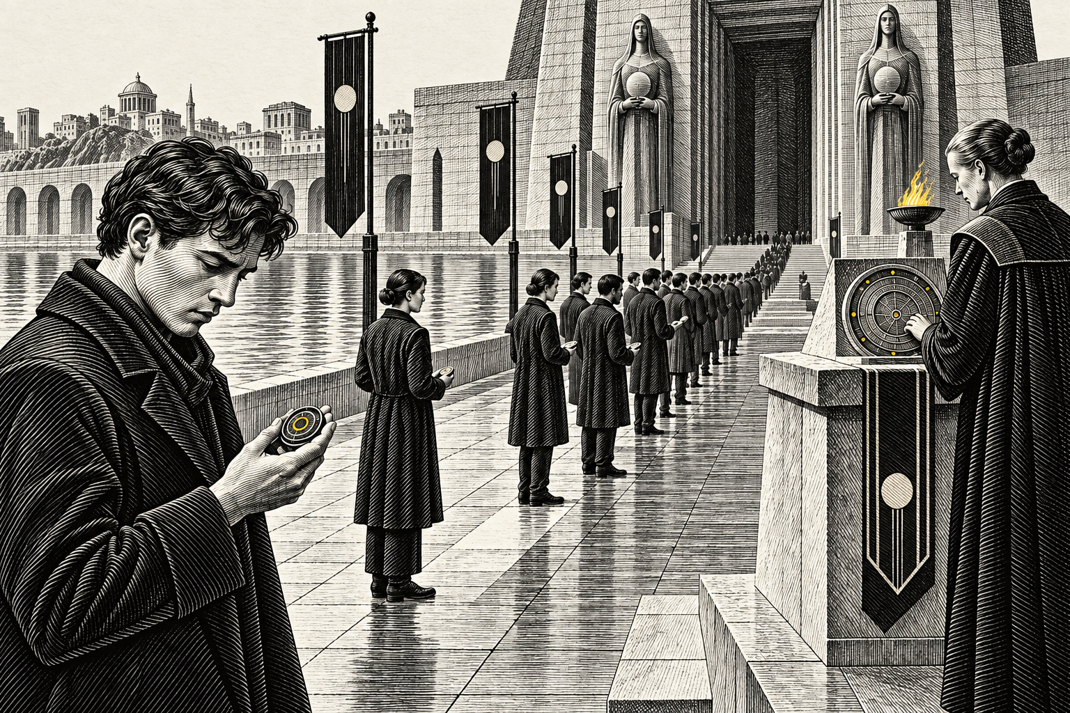 A brother holds Parallax beside the Rite of Names procession.