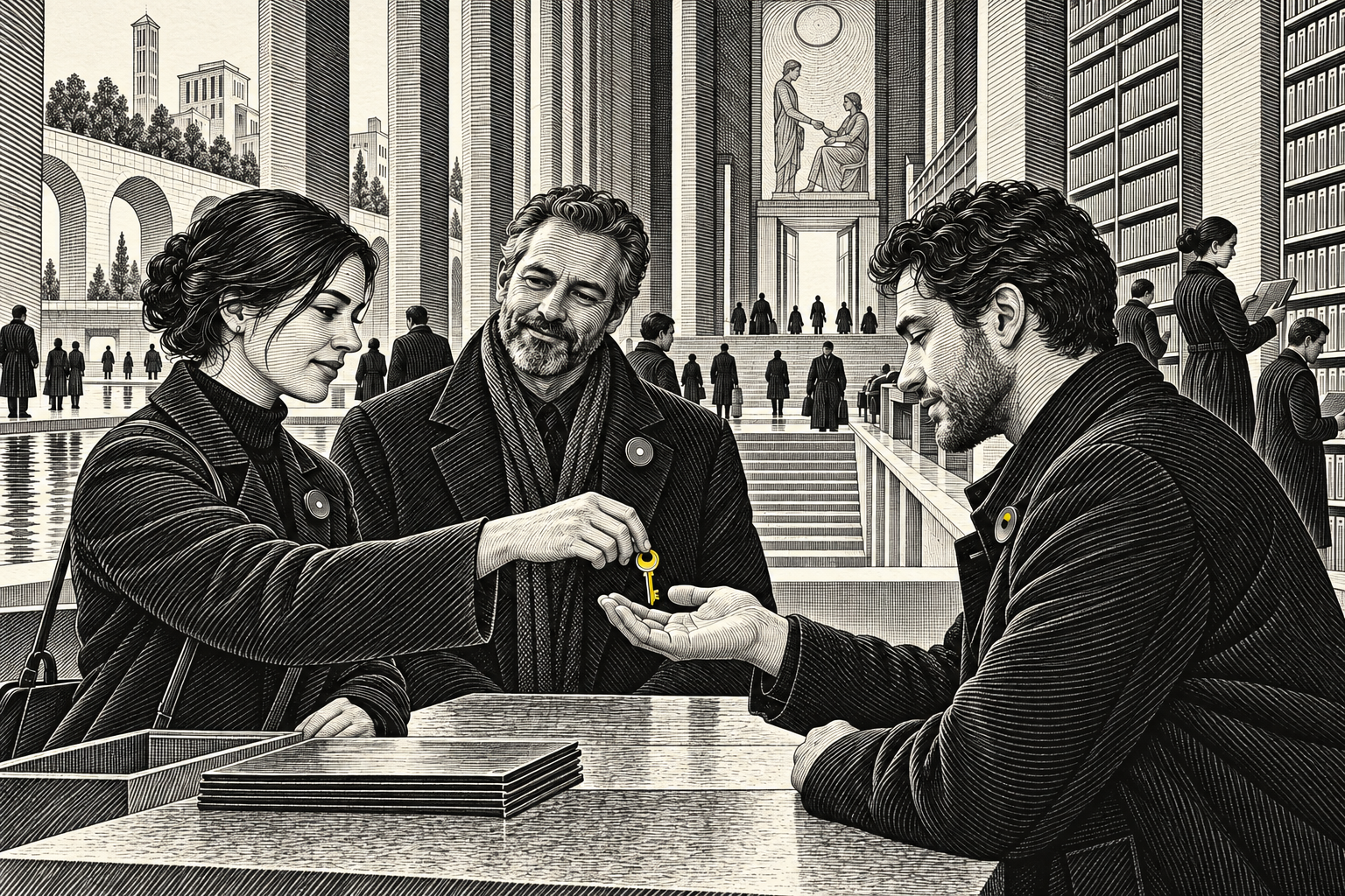 People exchange a key in the presence of an observer and Witness devices.