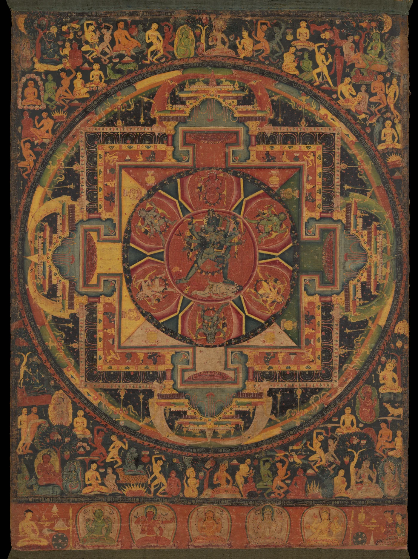 Chakrasamvara mandala: figures and square enclosures arranged around a central circle